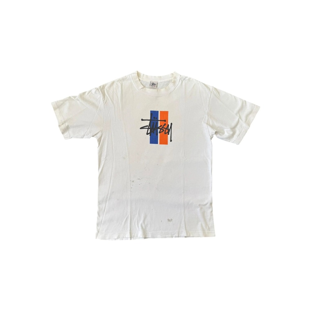 Stussy T-Shirt Mens Large White Good 90s Blue Orange Squares Graphic Tee
